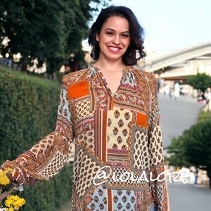 CHRISTIAN SIRIANO Boho Top Peasant Sleeves Colorful Moroccan Print Sz M